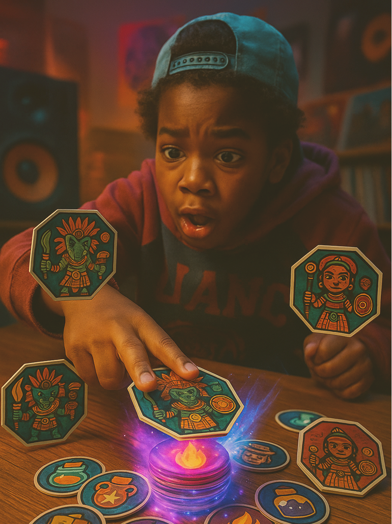 Screenshot of PiñataCasters game in action, showcasing cards and game board